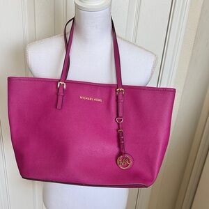 Michael Kors Hot Pink Leather Tote with Gold Hardware